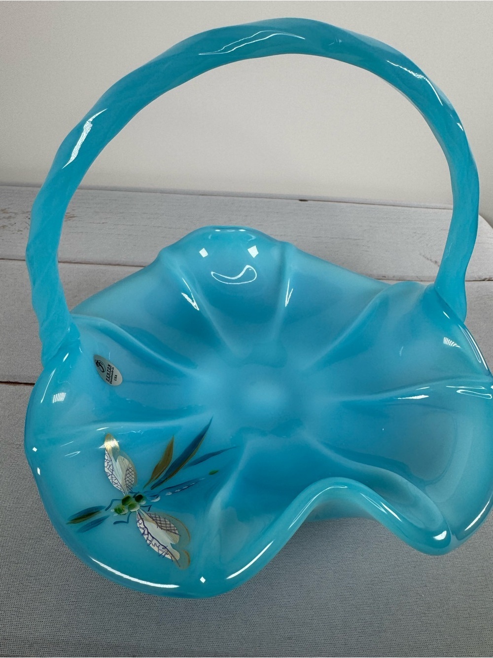 Fenton Sky Blue Glass Basket Hand Painted Dragonfly S Waters Signed